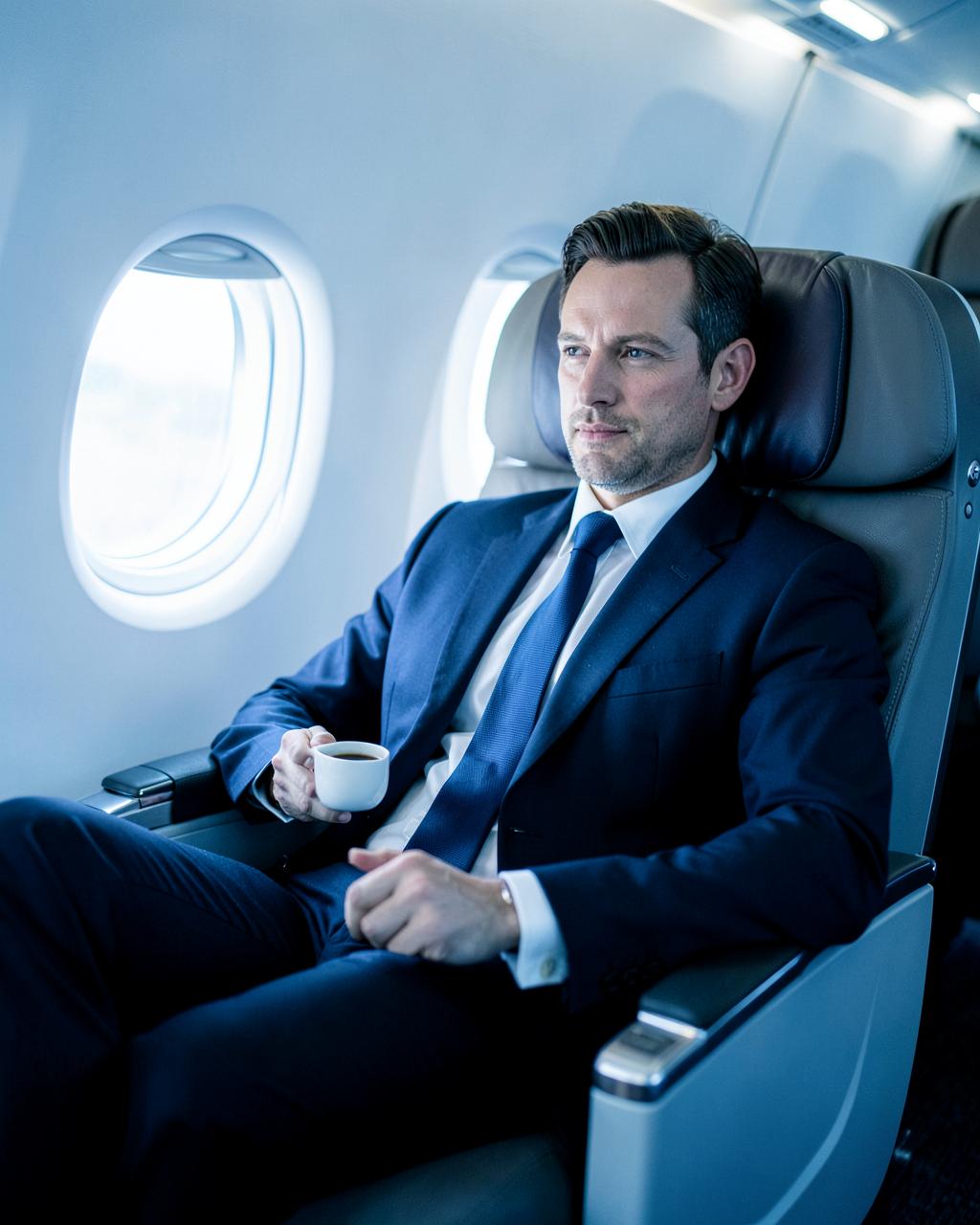 Entspannter Geschäftsmann im Flugzeug auf dem Weg zu einem Termin